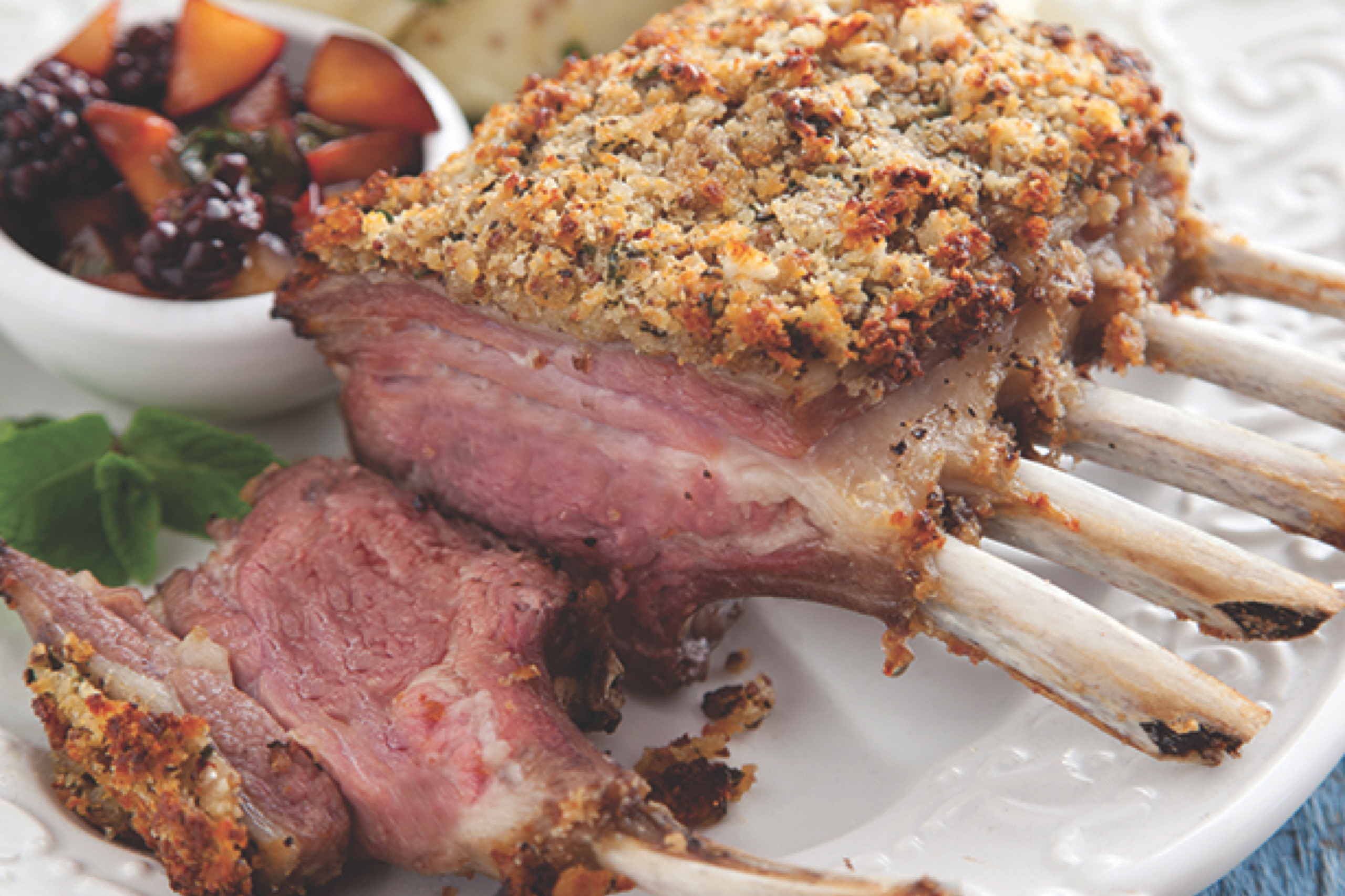 Catherine Fulvio - HERBY PARMESAN ENCRUSTED RACK OF WICKLOW LAMB WITH PLUM MINT SALSA